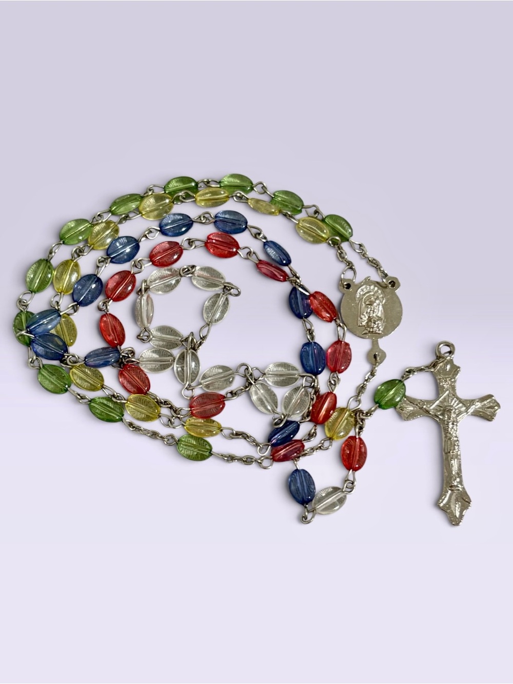MCM Glass Beads Rosary Silver-Tone Crucifix and Centerpiece Medal Multicolor 23”